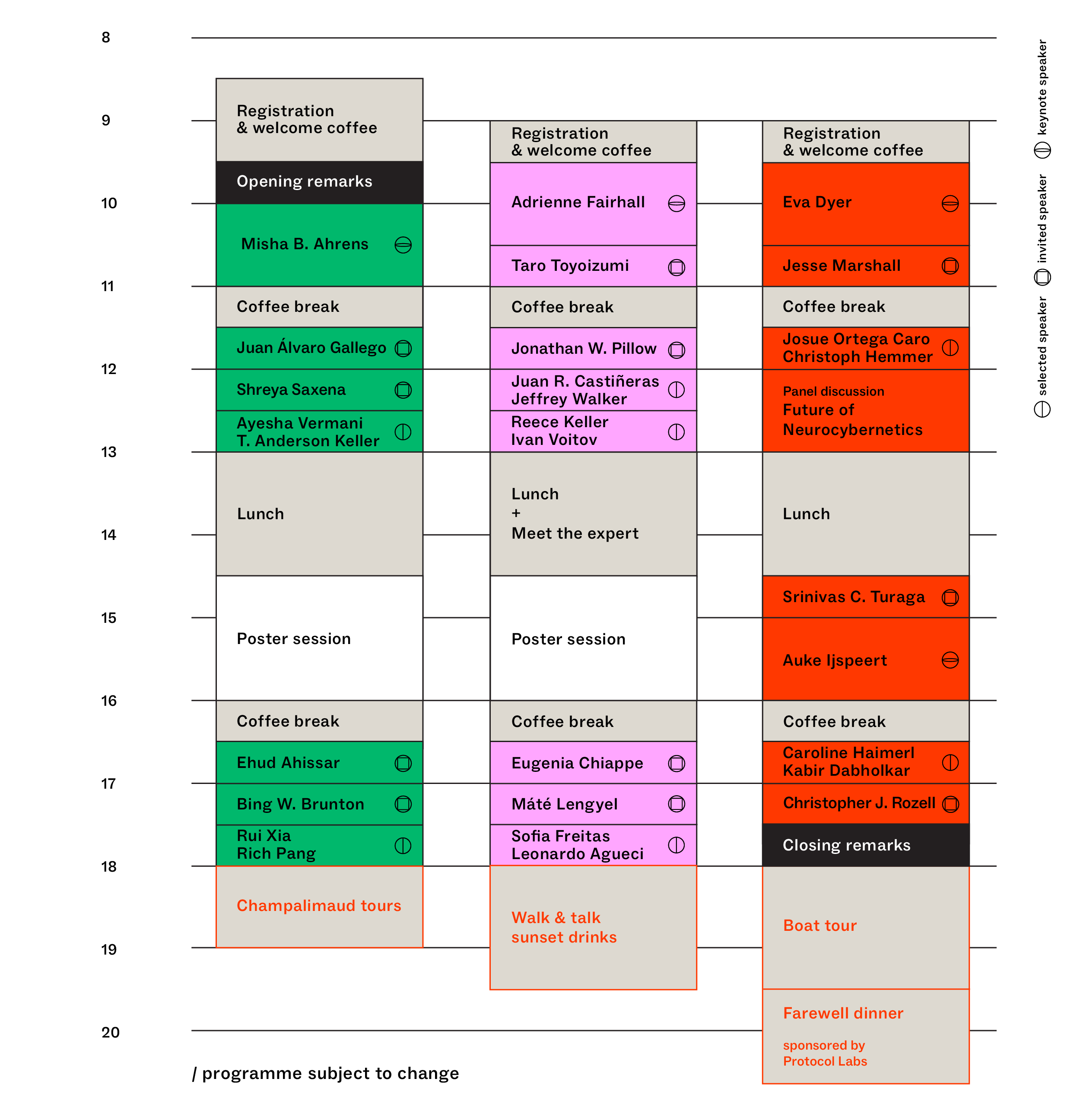 Programme at a Glance - 3-day schedule showing all speakers, sessions, and social events